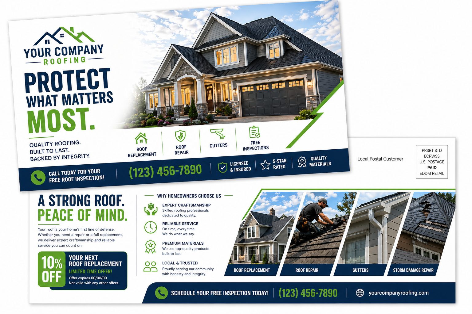 Sample EDDM postcard: front shows a full-color roofing offer; back shows the EDDM Retail mailing panel with indicia in the upper right and 'Local Postal Customer' addressing.