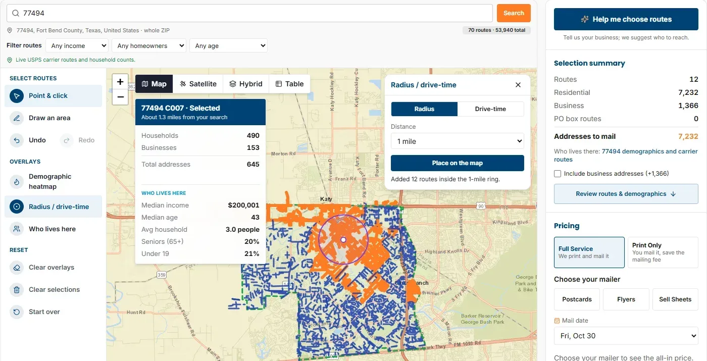 The EDDM2GO route map with a 1-mile radius placed around an address: the routes inside the ring are selected in orange, and the selection summary counts routes, residential and business addresses