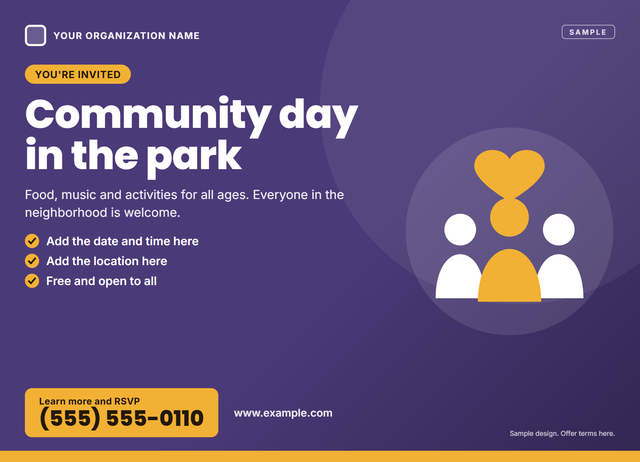 Front of a sample 6.5 × 9 EDDM postcard for a church or community nonprofit, with a community event invitation