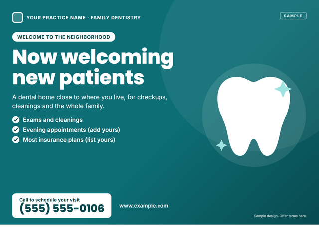 Front of a sample 6.5 × 9 EDDM postcard for a dental practice, with a new-patient exam and cleaning offer