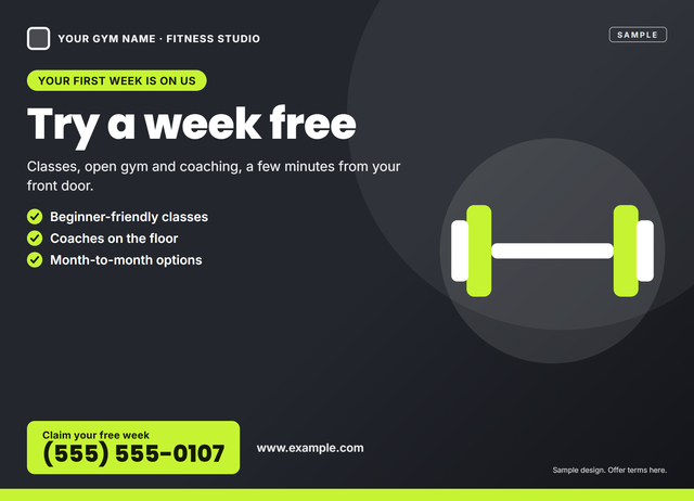 Front of a sample 6.5 × 9 EDDM postcard for a gym or fitness studio, with a free first-week trial offer