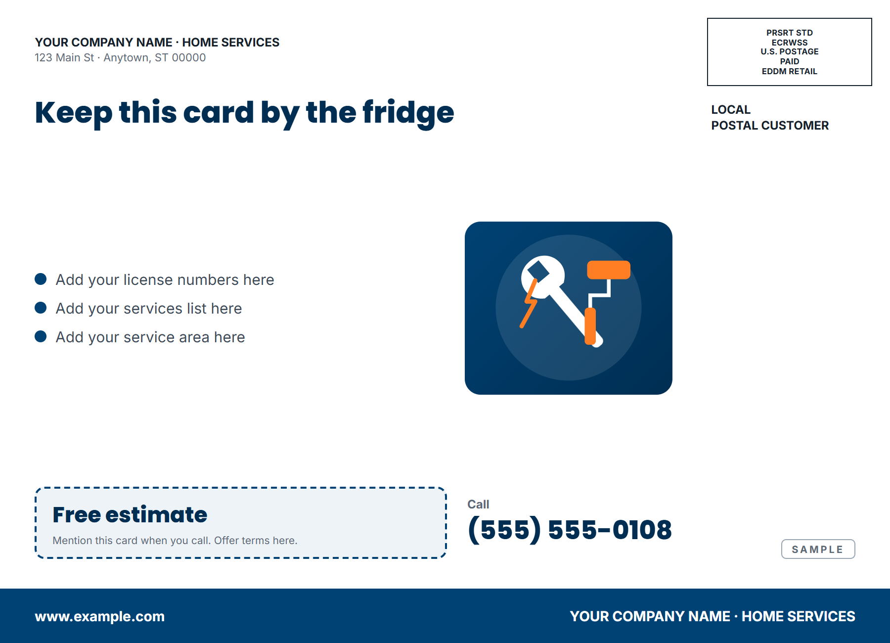 Mailing side of the sample 6.5 × 9 postcard: the EDDM Retail postage box and "Local Postal Customer" line in the top-right corner, the offer and contact details on the left