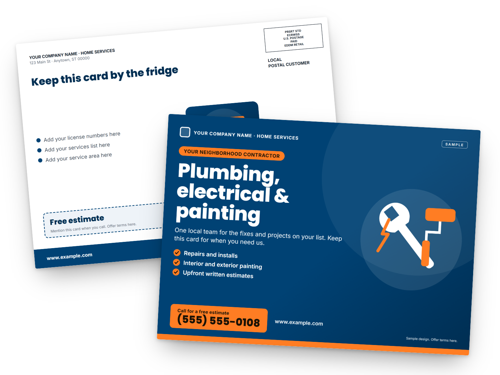 Sample 6.5 × 9 EDDM postcard for a plumbing, electrical and painting contractor: front with a free estimate offer, back with the EDDM Retail postage box and Local Postal Customer line