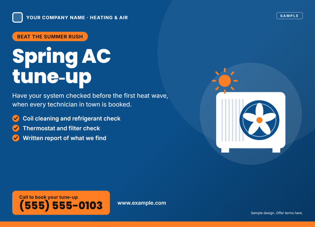 Front of a sample 6.5 × 9 EDDM postcard for an HVAC company, with a spring AC tune-up offer