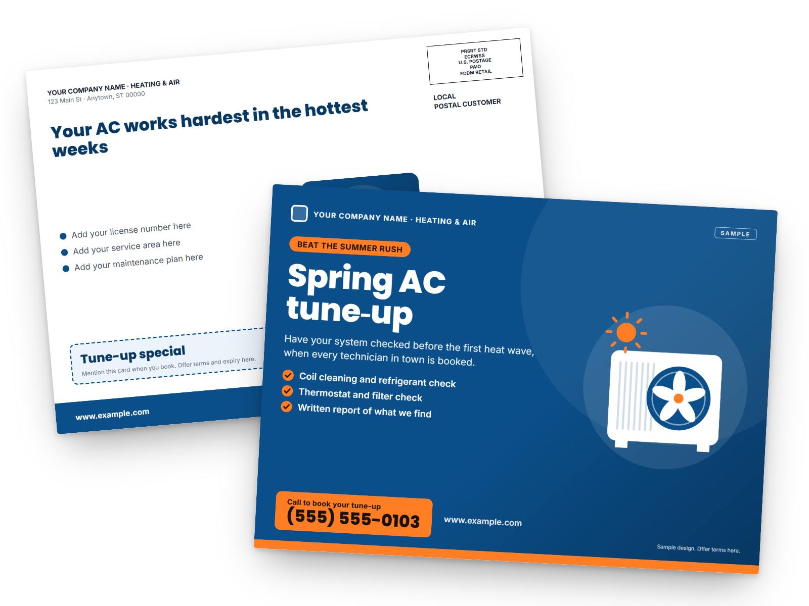 Sample 6.5 × 9 EDDM postcard for an HVAC company: front with a spring AC tune-up offer, back with the EDDM Retail postage box and Local Postal Customer line