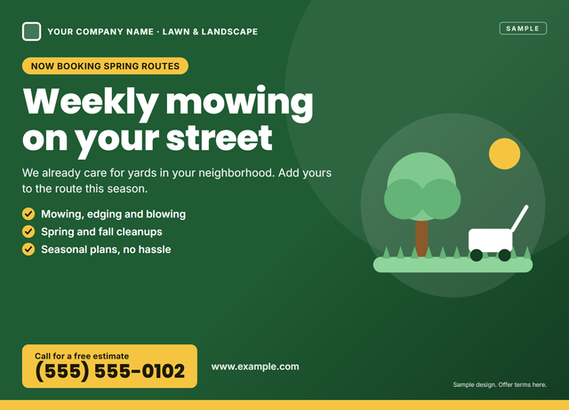 Front of a sample 6.5 × 9 EDDM postcard for a landscaping and lawn care company, with a spring lawn care sign-up offer