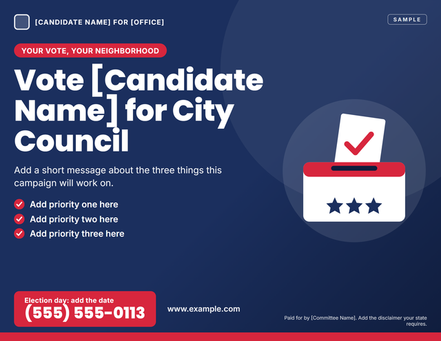 Front of a sample 8.5 × 11 EDDM flyer for a local political campaign, with a vote reminder for a placeholder candidate