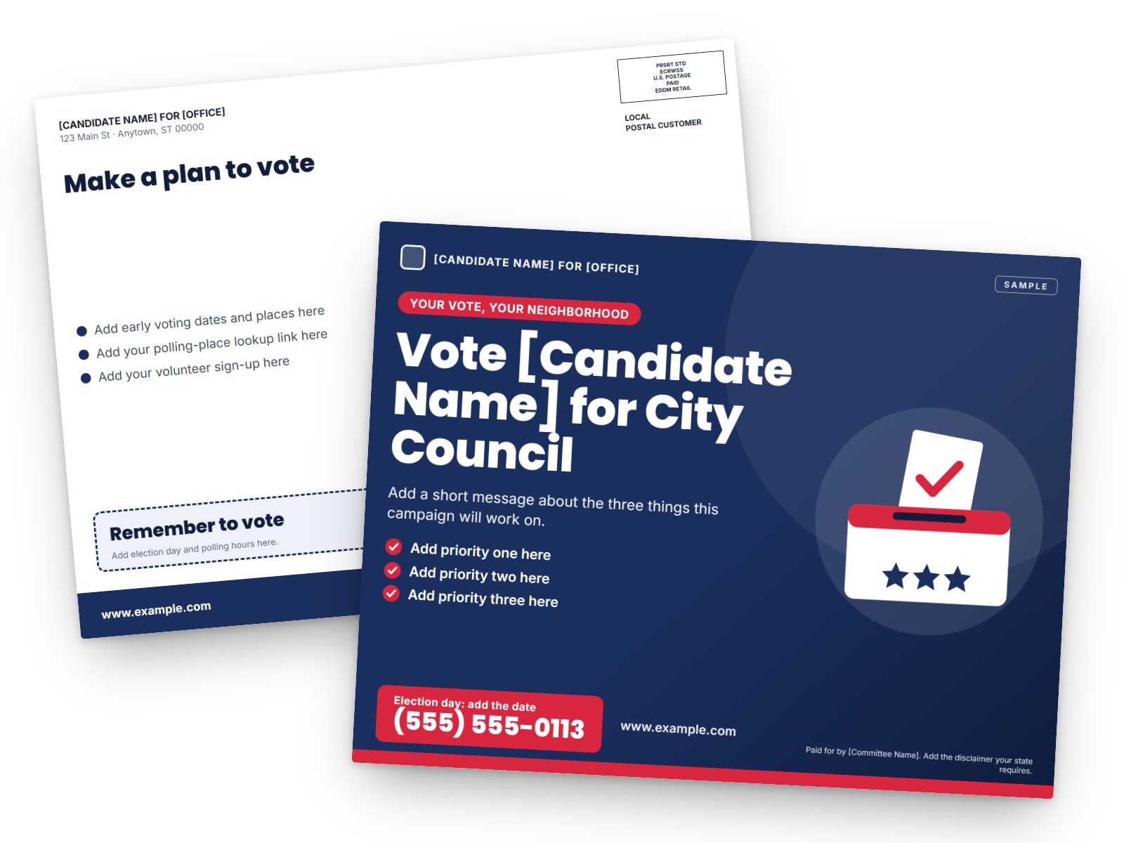 Sample 8.5 × 11 EDDM flyer for a local political campaign: front with a vote reminder for a placeholder candidate, back with the EDDM Retail postage box and Local Postal Customer line