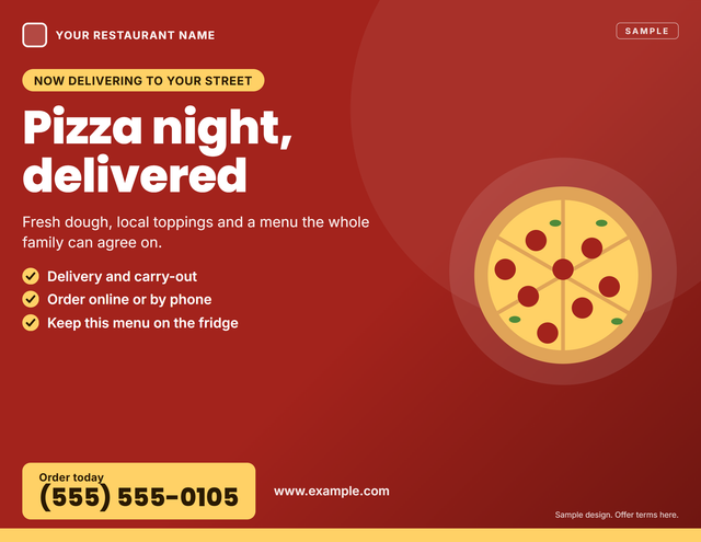 Front of a sample 8.5 × 11 EDDM flyer for a pizza restaurant, with a delivery menu and a first-order offer