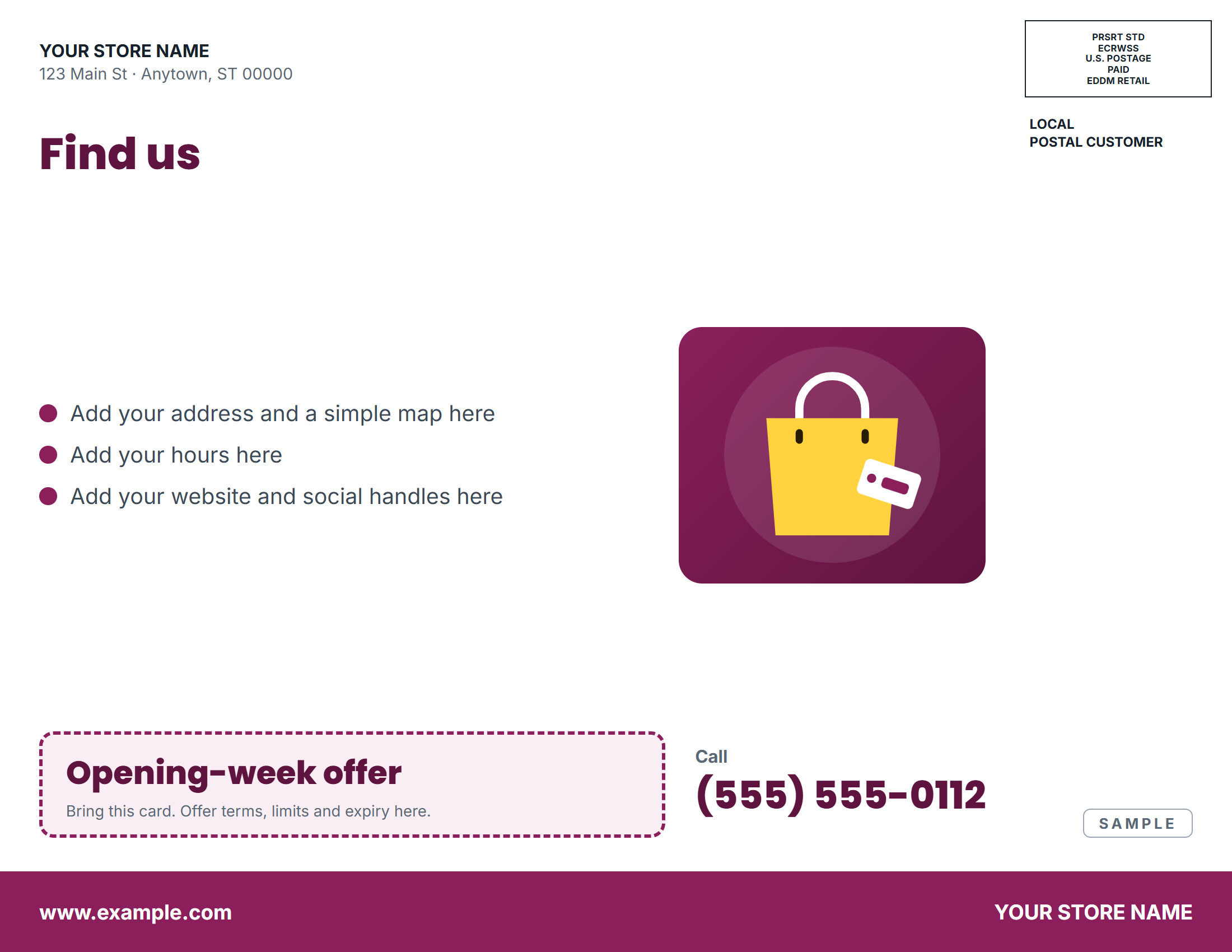 Mailing side of the sample 8.5 × 11 flyer: the EDDM Retail postage box and "Local Postal Customer" line in the top-right corner, the offer and contact details on the left