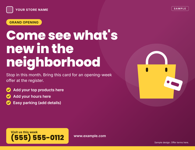 Front of a sample 8.5 × 11 EDDM flyer for a local retail store, with a grand opening offer