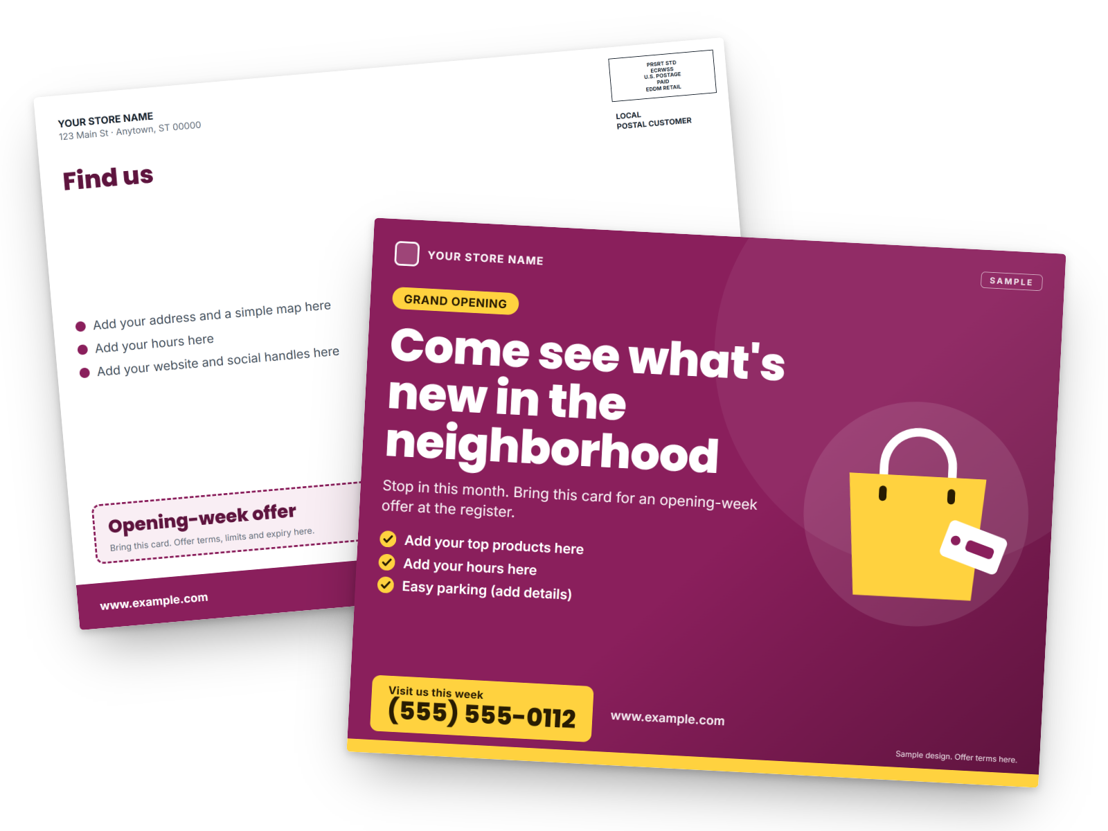 Sample 8.5 × 11 EDDM flyer for a local retail store: front with a grand opening offer, back with the EDDM Retail postage box and Local Postal Customer line