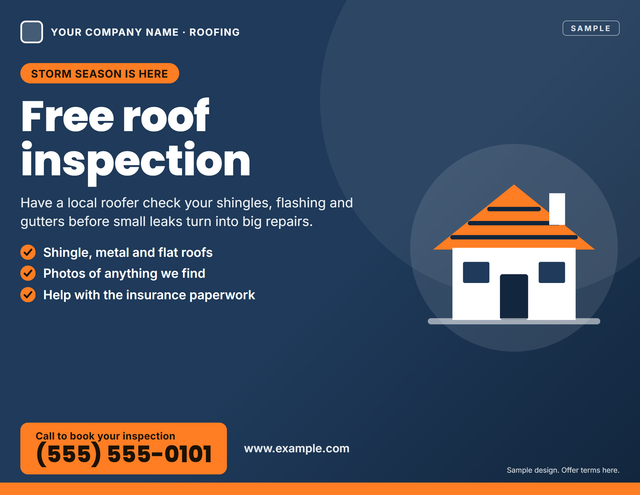 Front of a sample 8.5 × 11 EDDM flyer for a roofing company, with a free roof inspection offer