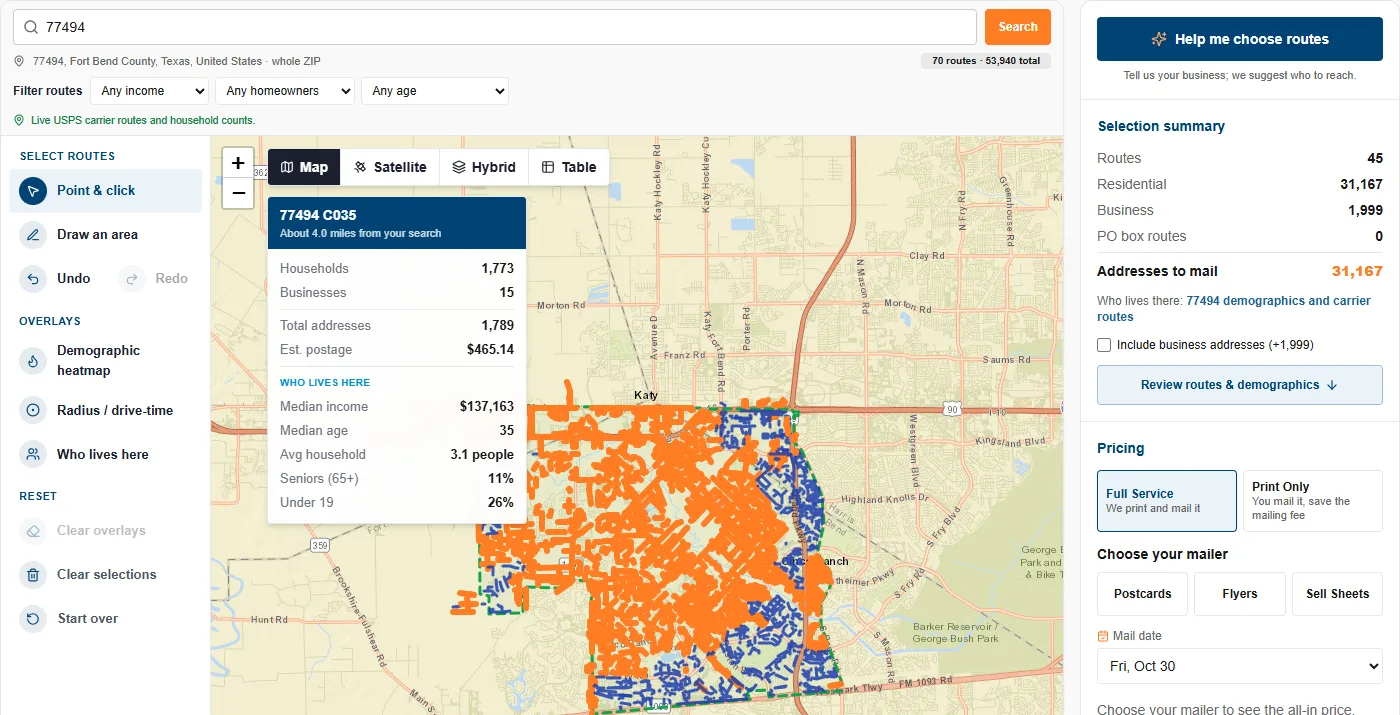 The route tool after drawing an area: many routes selected in orange and the selection summary showing the routes and homes selected.