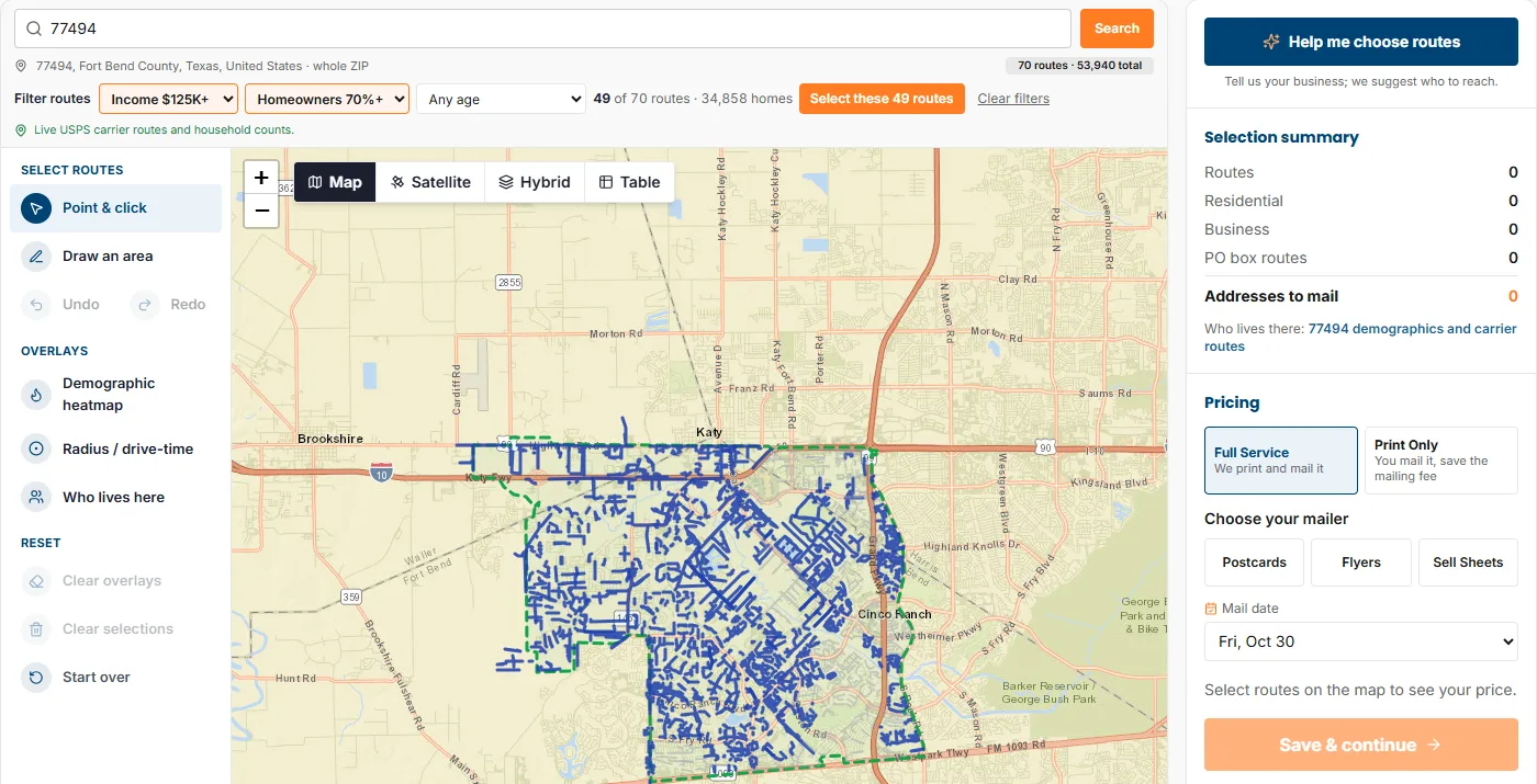The route tool with income and homeowner filters set above the map, a count of matching routes and homes, and a Select these routes button.