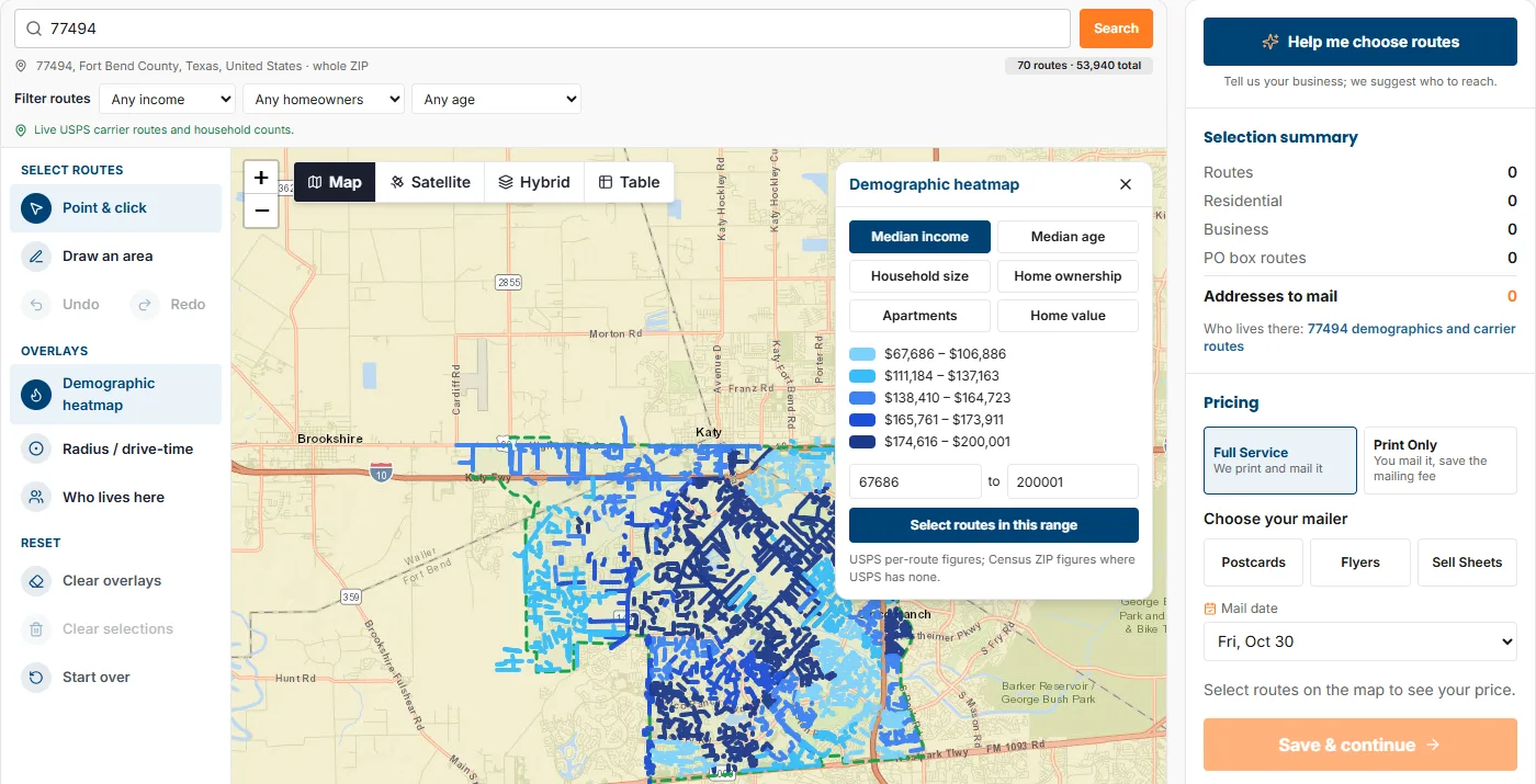 The route tool with the Demographic heatmap panel open on Median income and routes colored from light blue to dark navy, with a legend of five income ranges.
