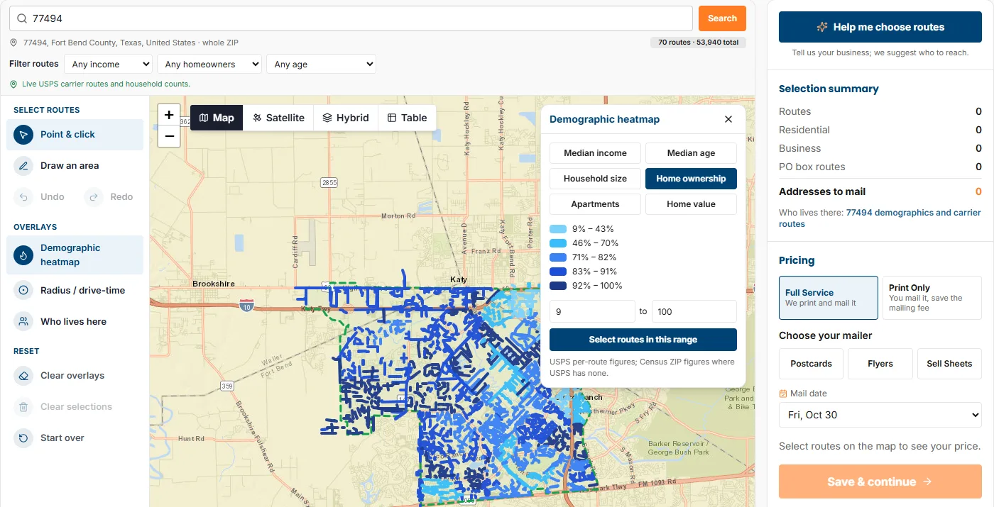 The same map recolored by Home ownership, showing routes with more owner-occupied homes in darker shades.
