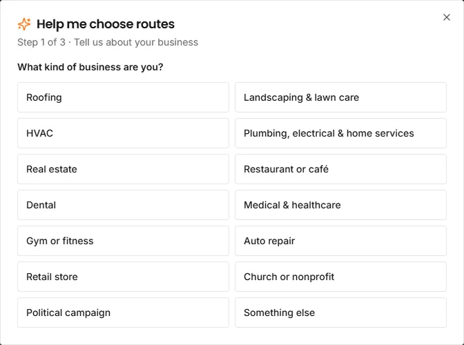 Help me choose routes step 1 of 3: a grid of business types including Roofing, HVAC, Real estate, Dental and Something else.