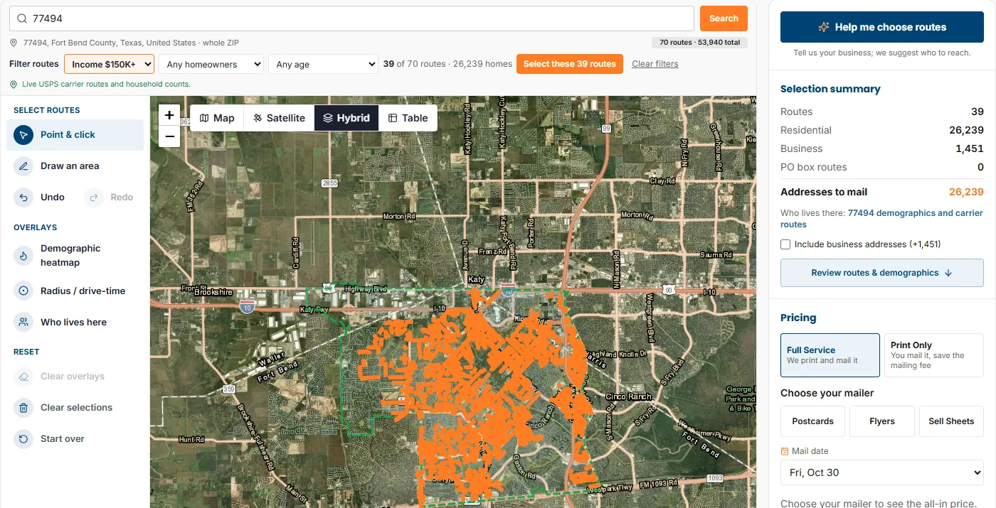 The route tool in Hybrid view with street names over aerial imagery and selected routes in orange.