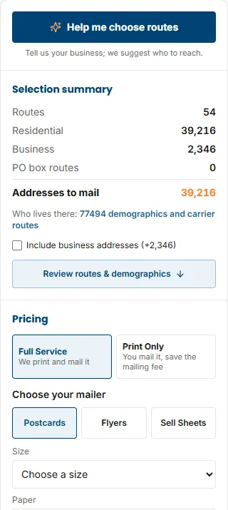 The right-hand panel showing the selection summary, Full Service and Print Only choices, three mailer buttons, a size drop-down and a paper drop-down.