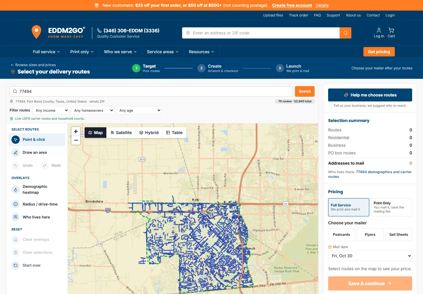The EDDM2GO route tool after searching ZIP code 77494: a map of carrier routes in blue, filters above the map, a tools column on the left and a selection summary and pricing panel on the right.