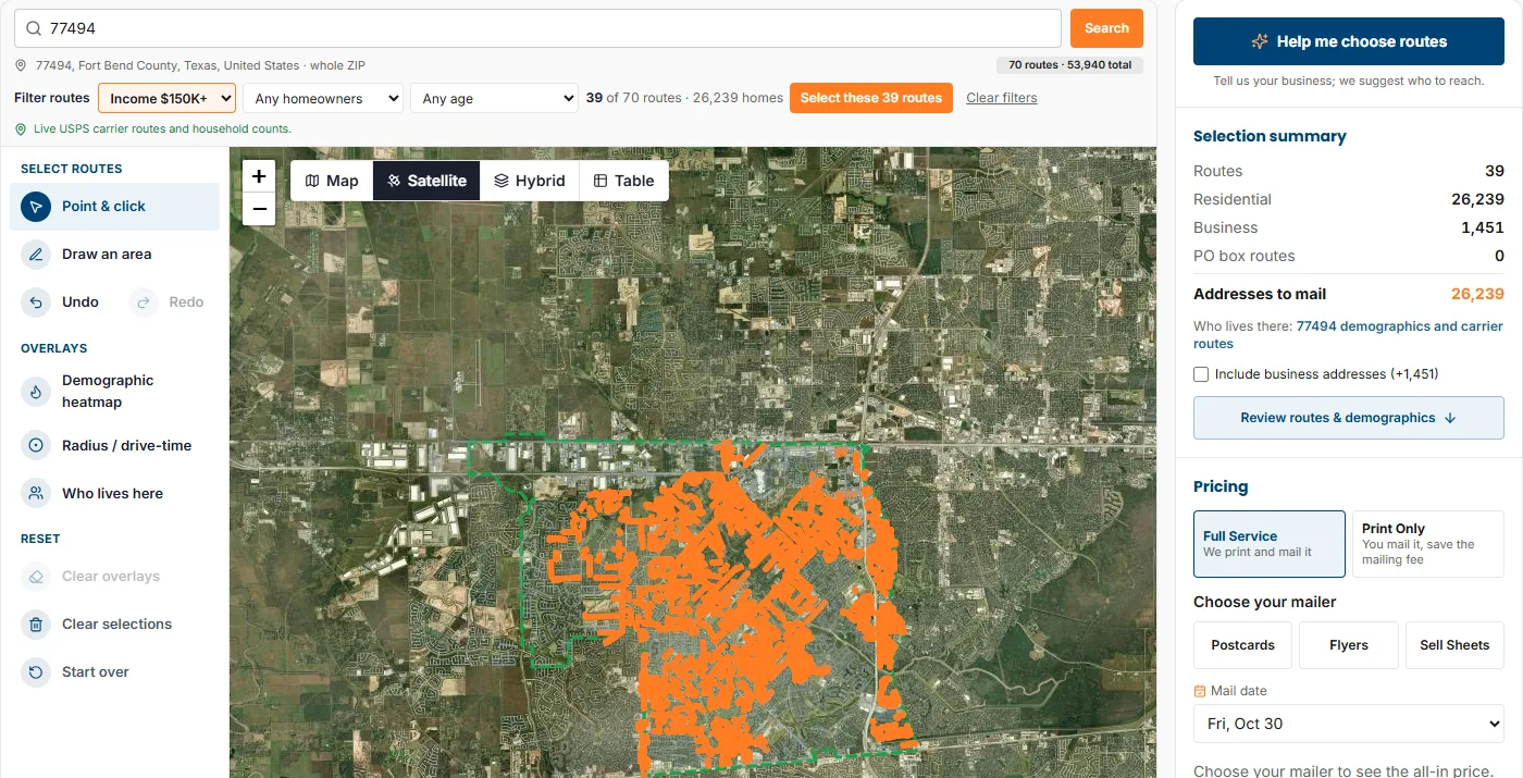 The route tool in Satellite view with selected routes in orange over aerial imagery of neighborhoods and commercial buildings.