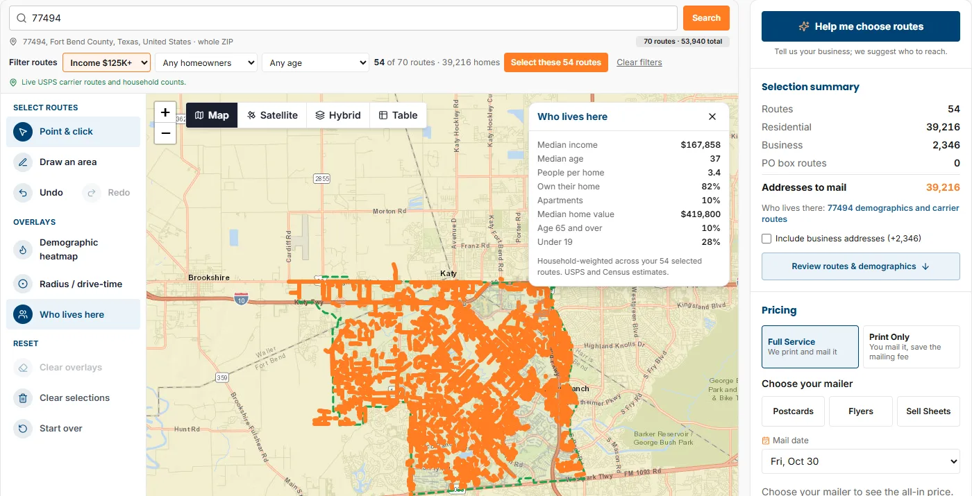 The Who lives here panel showing median income, median age, people per home, home ownership, apartments, median home value, seniors and under 19 for the selected routes.